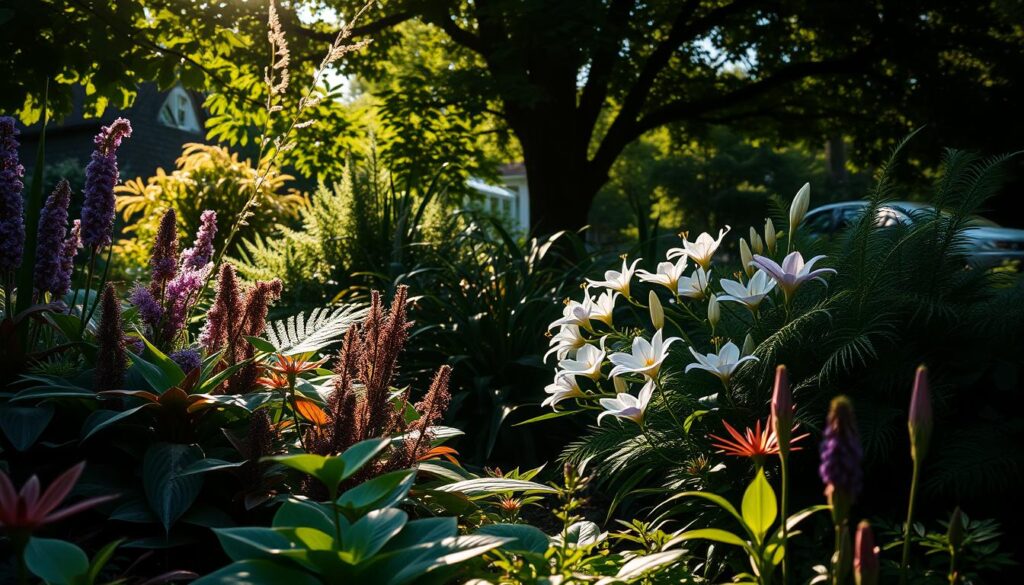 A serene garden scene showcasing a variety of shade-loving flowers in a lush, tranquil environment. In the foreground, vibrant blooms such as hostas, astilbes, and ferns create a rich tapestry of colors and textures, softly illuminated by dappled sunlight filtering through overhead leaves. The middle ground features a gentle arrangement of delicate purple and white lilies nestled among dark green foliage, suggestive of a peaceful retreat. The background reveals a shaded tree canopy, casting cool shadows, enhancing the serene and calming atmosphere. The composition should evoke a sense of harmony and natural beauty, using soft focus to give a dreamy effect. The lighting is warm and inviting, capturing the essence of a shaded garden sanctuary in late afternoon light.