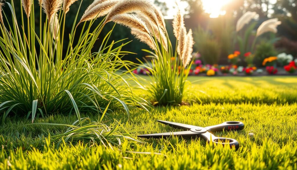 A serene garden scene showcasing ornamental grasses, including varieties like Miscanthus and Pennisetum, at the optimal time for trimming. In the foreground, freshly cut grass clippings lay on a soft, lush green lawn, while a pair of professional gardening shears rests nearby. The middle ground features healthy, vibrant grasses swaying gently in the late afternoon sunlight, casting soft shadows. In the background, a neatly arranged garden bed boasts colorful flowers blooming, creating a harmonious contrast with the grasses. The lighting is warm and inviting, suggesting a tranquil autumn afternoon, with golden sunlight filtering through the leaves. The angle captures the beauty of the garden, emphasizing the importance of maintenance in preserving the elegance of ornamental grasses. A serene garden scene showcasing ornamental grasses, including varieties like Miscanthus and Pennisetum, at the optimal time for trimming. In the foreground, freshly cut grass clippings lay on a soft, lush green lawn, while a pair of professional gardening shears rests nearby. The middle ground features healthy, vibrant grasses swaying gently in the late afternoon sunlight, casting soft shadows. In the background, a neatly arranged garden bed boasts colorful flowers blooming, creating a harmonious contrast with the grasses. The lighting is warm and inviting, suggesting a tranquil autumn afternoon, with golden sunlight filtering through the leaves. The angle captures the beauty of the garden, emphasizing the importance of maintenance in preserving the elegance of ornamental grasses.