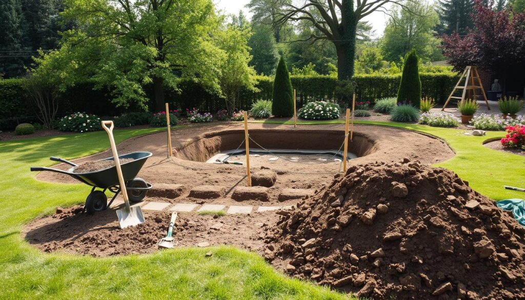 A serene garden scene showcasing the preparation of a swimming pool area. In the foreground, a neatly arranged pile of soil and stones indicates excavation work has begun, with a shovel resting against a wheelbarrow filled with earth. Mid-ground features a small, outlined excavation marked by stakes and string, showing the future shape of the pool. Garden tools, including a rake and measuring tape, are scattered nearby, emphasizing the ongoing project. The background displays lush greenery, mature trees, and colorful flowers, contrasting the construction area. Soft natural lighting casts gentle shadows, creating a calm and productive atmosphere. The angle is slightly elevated, providing a clear overview of the scene while capturing the excitement of creating a personal oasis. A serene garden scene showcasing the preparation of a swimming pool area. In the foreground, a neatly arranged pile of soil and stones indicates excavation work has begun, with a shovel resting against a wheelbarrow filled with earth. Mid-ground features a small, outlined excavation marked by stakes and string, showing the future shape of the pool. Garden tools, including a rake and measuring tape, are scattered nearby, emphasizing the ongoing project. The background displays lush greenery, mature trees, and colorful flowers, contrasting the construction area. Soft natural lighting casts gentle shadows, creating a calm and productive atmosphere. The angle is slightly elevated, providing a clear overview of the scene while capturing the excitement of creating a personal oasis.