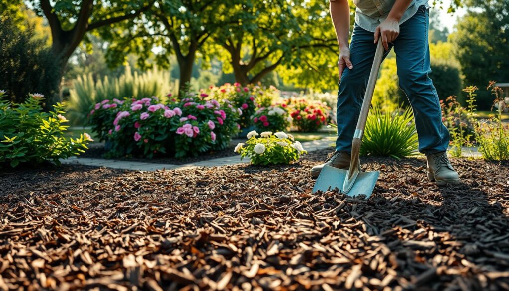 A serene garden scene showcasing the process of properly applying bark mulch. In the foreground, a gardener in modest casual clothing is carefully spreading a fresh layer of rich, dark bark mulch around plants, using a shovel. The middle ground features vibrant flower beds and healthy shrubs, creating a lush, inviting atmosphere. In the background, soft sunlight filters through leafy trees, casting gentle shadows on the soil. The image captures the essence of a well-maintained garden, emphasizing the texture and color of the bark mulch against the greenery. The lighting is warm and natural to evoke a peaceful, productive gardening day, with a focus on the careful technique of spreading mulch evenly.
