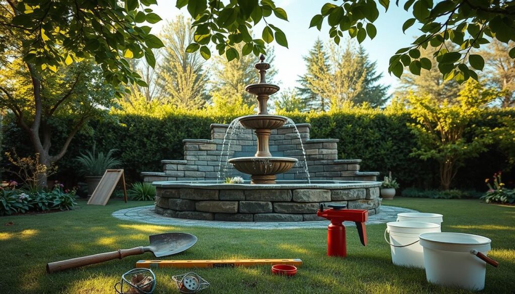 A serene garden scene showcasing the step-by-step construction of a beautiful outdoor fountain. In the foreground, tools such as a shovel, level, and buckets are neatly arranged on a grassy area. The middle ground features a partially built fountain with layered stonework, water spouts, and decorative elements like plants and flowers around it. The background includes lush greenery and a clear blue sky, suggesting an inviting atmosphere. Soft, warm sunlight filters through the leaves, casting gentle shadows that enhance the depth of the scene. The angle is slightly elevated, providing a comprehensive view of the fountain’s structure, highlighting the craftsmanship involved in creating a peaceful garden oasis. A serene garden scene showcasing the step-by-step construction of a beautiful outdoor fountain. In the foreground, tools such as a shovel, level, and buckets are neatly arranged on a grassy area. The middle ground features a partially built fountain with layered stonework, water spouts, and decorative elements like plants and flowers around it. The background includes lush greenery and a clear blue sky, suggesting an inviting atmosphere. Soft, warm sunlight filters through the leaves, casting gentle shadows that enhance the depth of the scene. The angle is slightly elevated, providing a comprehensive view of the fountain’s structure, highlighting the craftsmanship involved in creating a peaceful garden oasis.