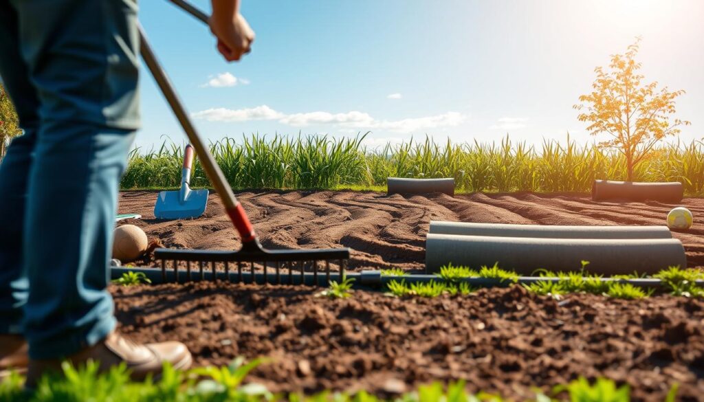 A serene garden scene showcasing various ground leveling techniques for preparing soil for a lawn. In the foreground, a gardener in professional attire is using a rake to smooth out a patch of earth, with tools like a shovel and soil compactor nearby. The middle ground features freshly tilled soil with subtle contours, indicating leveling efforts, while rolls of turf are neatly arranged for future installation. In the background, a lush green garden is visible under clear blue skies with soft sunlight filtering through, creating a warm and inviting atmosphere. The scene is captured from a slightly elevated angle, providing a comprehensive view of the different methods at play, with a focus on the process and tools, emphasizing the theme of soil preparation and landscaping. A serene garden scene showcasing various ground leveling techniques for preparing soil for a lawn. In the foreground, a gardener in professional attire is using a rake to smooth out a patch of earth, with tools like a shovel and soil compactor nearby. The middle ground features freshly tilled soil with subtle contours, indicating leveling efforts, while rolls of turf are neatly arranged for future installation. In the background, a lush green garden is visible under clear blue skies with soft sunlight filtering through, creating a warm and inviting atmosphere. The scene is captured from a slightly elevated angle, providing a comprehensive view of the different methods at play, with a focus on the process and tools, emphasizing the theme of soil preparation and landscaping.