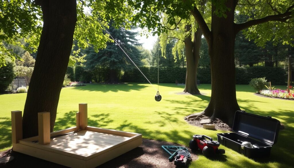 A serene garden setting showcasing a DIY zip line project. In the foreground, a sturdy wooden platform is built next to a tree with thick, leafy branches, providing a strong anchor point. In the middle ground, the zip line stretches taut between two trees, with a simple pulley system visible. Bright sunlight filters through the foliage, creating dappled lighting along the ground. A tool box with basic equipment lies nearby, suggesting an easy and cost-effective construction process. The background features a lush green lawn, colorful flowerbeds, and additional trees, conveying a peaceful, inviting atmosphere. The perspective is slightly elevated, capturing the overall setup while maintaining focus on the zip line's mechanics. A serene garden setting showcasing a DIY zip line project. In the foreground, a sturdy wooden platform is built next to a tree with thick, leafy branches, providing a strong anchor point. In the middle ground, the zip line stretches taut between two trees, with a simple pulley system visible. Bright sunlight filters through the foliage, creating dappled lighting along the ground. A tool box with basic equipment lies nearby, suggesting an easy and cost-effective construction process. The background features a lush green lawn, colorful flowerbeds, and additional trees, conveying a peaceful, inviting atmosphere. The perspective is slightly elevated, capturing the overall setup while maintaining focus on the zip line's mechanics.