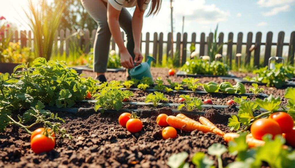 A serene garden setting showcasing the step-by-step process of setting up a vegetable garden. In the foreground, a diverse range of vegetables, like tomatoes, carrots, and lettuce, are beautifully arranged with soil and planting tools. In the middle ground, a person in modest casual clothing is planting seeds in neat rows, with a small watering can nearby. The background features a sunny sky, a wooden fence, and a few flowering plants, enhancing the garden atmosphere. The scene is bathed in warm, natural light, creating an inviting, peaceful mood. The composition is captured from a slightly elevated angle to provide depth and clarity, focusing on the gardening activity while showcasing the lush greenery around. A serene garden setting showcasing the step-by-step process of setting up a vegetable garden. In the foreground, a diverse range of vegetables, like tomatoes, carrots, and lettuce, are beautifully arranged with soil and planting tools. In the middle ground, a person in modest casual clothing is planting seeds in neat rows, with a small watering can nearby. The background features a sunny sky, a wooden fence, and a few flowering plants, enhancing the garden atmosphere. The scene is bathed in warm, natural light, creating an inviting, peaceful mood. The composition is captured from a slightly elevated angle to provide depth and clarity, focusing on the gardening activity while showcasing the lush greenery around.