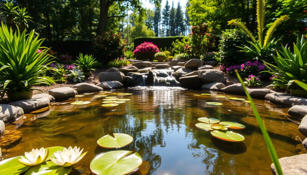 A serene garden water feature, showcasing a small pond surrounded by lush, vibrant greenery. In the foreground, delicate water lilies float on the pond's surface, while smooth stones line the water's edge, providing a natural border. The middle ground features a gentle waterfall cascading into the pond, with sunlight sparkling on the surface of the water, creating a soothing atmosphere. In the background, tall trees and colorful flowering plants create a lush canopy, offering shade and tranquility. The scene is bathed in warm afternoon light, casting soft shadows and highlighting the vibrant colors of the flora. The overall mood is peaceful and inviting, perfect for relaxation. The angle of the image is slightly elevated, providing a comprehensive view of the water area in the garden. A serene garden water feature, showcasing a small pond surrounded by lush, vibrant greenery. In the foreground, delicate water lilies float on the pond's surface, while smooth stones line the water's edge, providing a natural border. The middle ground features a gentle waterfall cascading into the pond, with sunlight sparkling on the surface of the water, creating a soothing atmosphere. In the background, tall trees and colorful flowering plants create a lush canopy, offering shade and tranquility. The scene is bathed in warm afternoon light, casting soft shadows and highlighting the vibrant colors of the flora. The overall mood is peaceful and inviting, perfect for relaxation. The angle of the image is slightly elevated, providing a comprehensive view of the water area in the garden.