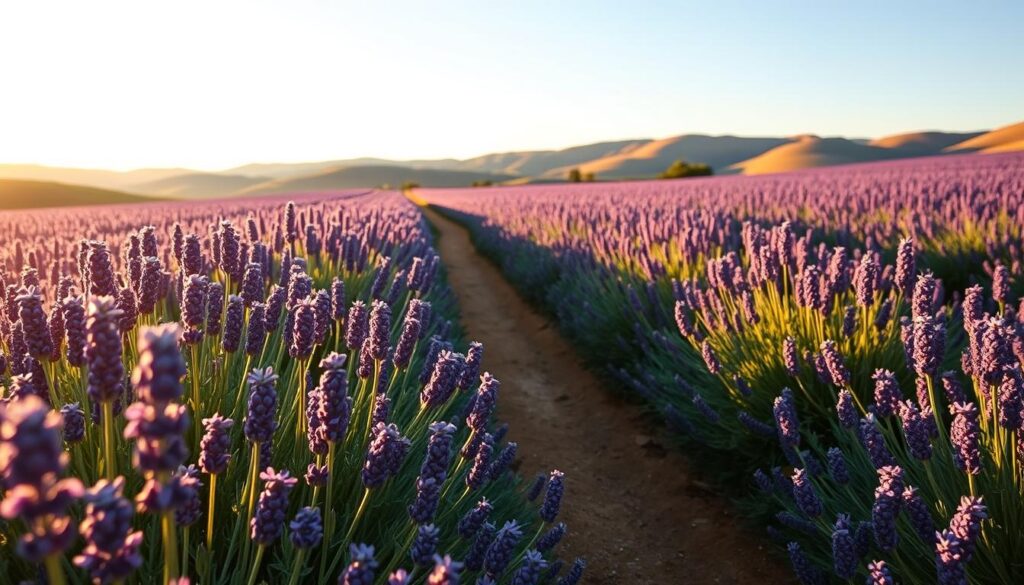 A serene lavender field at dawn, showcasing vibrant rows of blooming lavender plants stretching toward the horizon. In the foreground, a close-up of lush lavender blossoms, showcasing their delicate purple hues and green foliage. The middle ground features a winding path leading through the lavender, inviting viewers to explore the garden. In the background, rolling hills bathed in soft morning light create a tranquil atmosphere, with a clear blue sky above. The scene is illuminated by warm, golden sunlight casting gentle shadows, enhancing the peaceful ambiance. A subtle breeze can be imagined, adding a sense of motion to the flowers, evoking feelings of serenity and natural beauty. The overall mood is calm and inviting, perfect for illustrating an ideal location for planting lavender. A serene lavender field at dawn, showcasing vibrant rows of blooming lavender plants stretching toward the horizon. In the foreground, a close-up of lush lavender blossoms, showcasing their delicate purple hues and green foliage. The middle ground features a winding path leading through the lavender, inviting viewers to explore the garden. In the background, rolling hills bathed in soft morning light create a tranquil atmosphere, with a clear blue sky above. The scene is illuminated by warm, golden sunlight casting gentle shadows, enhancing the peaceful ambiance. A subtle breeze can be imagined, adding a sense of motion to the flowers, evoking feelings of serenity and natural beauty. The overall mood is calm and inviting, perfect for illustrating an ideal location for planting lavender.