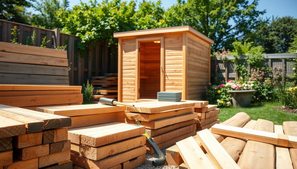 A serene outdoor setting showcasing a variety of materials for building a garden sauna. In the foreground, neatly stacked wooden planks and logs, showcasing different types of wood like cedar and pine, with some tools like a hammer and measuring tape resting nearby. In the middle ground, a half-built sauna structure made of timber, with a window framed and a small stack of roofing shingles. The background features a lush garden with greenery and flowers, under a clear blue sky, creating a peaceful ambiance. Natural sunlight filters through, casting soft shadows. The scene conveys a warm, inviting atmosphere, ideal for a DIY sauna project.