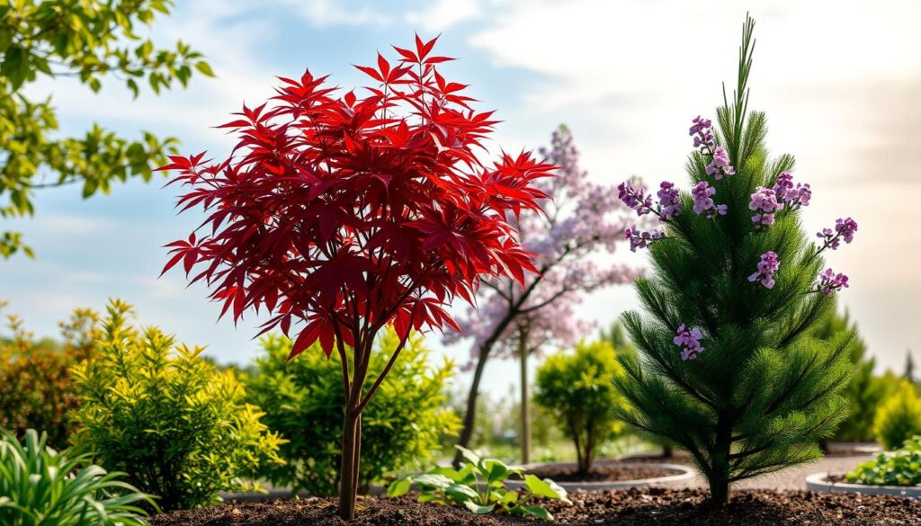 A serene small garden featuring a variety of trees suitable for compact spaces. In the foreground, a beautifully shaped miniature Japanese maple with vibrant red foliage, alongside a delicate ornamental cherry tree adorned with soft pink blossoms. In the middle ground, a small, bushy lilac tree with clusters of purple flowers and a petite, compact evergreen like a dwarf pine. The background softly fades into a light blue sky with wispy clouds, casting gentle, warm sunlight over the scene. The atmosphere is peaceful and inviting, ideal for an intimate garden setting. The focus should be sharp, capturing the fine details of the leaves and blossoms, creating an aesthetically pleasing composition that showcases the charm of small garden trees.