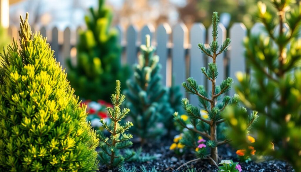 A serene small garden featuring various coniferous trees ideal for compact spaces. In the foreground, a bushy dwarf spruce with vibrant green needles contrasts with a small, elegantly shaped dwarf pine. In the middle ground, a cluster of neatly trimmed miniature cedar trees adds depth, while colorful flowers bloom at their bases. In the background, a subtle blurred fence and a soft blue sky create a peaceful backdrop. The scene is bathed in warm, natural sunlight, enhancing the lush greens and vibrant colors. A shallow depth of field focuses on the coniferous trees, capturing their textures and details. The overall mood is tranquil and inviting, highlighting the beauty of even the smallest gardens.