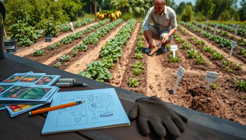 A serene vegetable garden planning scene. In the foreground, a wooden table is filled with colorful seed packets, a notepad, and a pair of gardening gloves. A pencil lies beside the notepad with sketches of various vegetables laid out. In the middle ground, a gardener, dressed in modest casual clothing, is kneeling and inspecting the soil with a small trowel, focused and engaged in the planning process. The background features neatly arranged rows of freshly tilled soil with small signs indicating where different vegetables will be planted, framed by vibrant green plants and a clear blue sky. The lighting is warm and natural, evoking a sunny afternoon, capturing the peacefulness of a productive garden atmosphere. A serene vegetable garden planning scene. In the foreground, a wooden table is filled with colorful seed packets, a notepad, and a pair of gardening gloves. A pencil lies beside the notepad with sketches of various vegetables laid out. In the middle ground, a gardener, dressed in modest casual clothing, is kneeling and inspecting the soil with a small trowel, focused and engaged in the planning process. The background features neatly arranged rows of freshly tilled soil with small signs indicating where different vegetables will be planted, framed by vibrant green plants and a clear blue sky. The lighting is warm and natural, evoking a sunny afternoon, capturing the peacefulness of a productive garden atmosphere.
