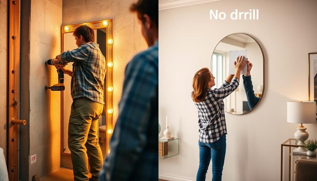 A split scene illustrating two methods of mirror installation on a wall. On the left, a close-up of a person in modest casual clothing drilling a wall to securely mount a mirror, showcasing tools like a drill and wall anchors with a construction-themed environment. On the right, another person using adhesive strips to attach a mirror to a wall, demonstrating a no-drill technique, against a stylish interior backdrop. The foreground features rich details of the tools and materials with warm, inviting lighting. The middle layer captures the individuals focused on their tasks, while the background includes a contemporary room setting with elegant decorative elements. The atmosphere conveys a sense of professionalism and home improvement. A split scene illustrating two methods of mirror installation on a wall. On the left, a close-up of a person in modest casual clothing drilling a wall to securely mount a mirror, showcasing tools like a drill and wall anchors with a construction-themed environment. On the right, another person using adhesive strips to attach a mirror to a wall, demonstrating a no-drill technique, against a stylish interior backdrop. The foreground features rich details of the tools and materials with warm, inviting lighting. The middle layer captures the individuals focused on their tasks, while the background includes a contemporary room setting with elegant decorative elements. The atmosphere conveys a sense of professionalism and home improvement.