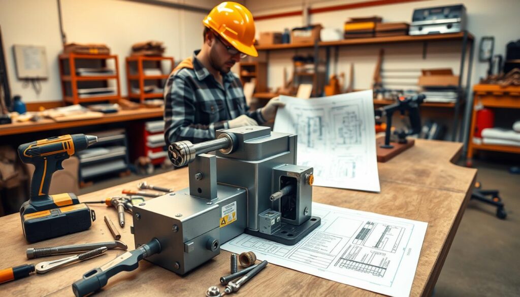 A step-by-step assembly of a gate drive system for a sliding gate in a workshop setting. In the foreground, show a neatly organized workbench with tools like a drill, wrench, and various screws alongside a partially assembled drive mechanism. The middle ground features a technician wearing a safety helmet and work gloves, focused on connecting components, with a blueprint of the installation process spread out beside them. The background depicts a well-lit workshop with shelves of various materials and equipment, enhancing the professional atmosphere. The scene is captured using a slightly elevated angle to provide a comprehensive view, with warm, natural lighting that highlights details and textures, creating an informative and engaging mood. A step-by-step assembly of a gate drive system for a sliding gate in a workshop setting. In the foreground, show a neatly organized workbench with tools like a drill, wrench, and various screws alongside a partially assembled drive mechanism. The middle ground features a technician wearing a safety helmet and work gloves, focused on connecting components, with a blueprint of the installation process spread out beside them. The background depicts a well-lit workshop with shelves of various materials and equipment, enhancing the professional atmosphere. The scene is captured using a slightly elevated angle to provide a comprehensive view, with warm, natural lighting that highlights details and textures, creating an informative and engaging mood.