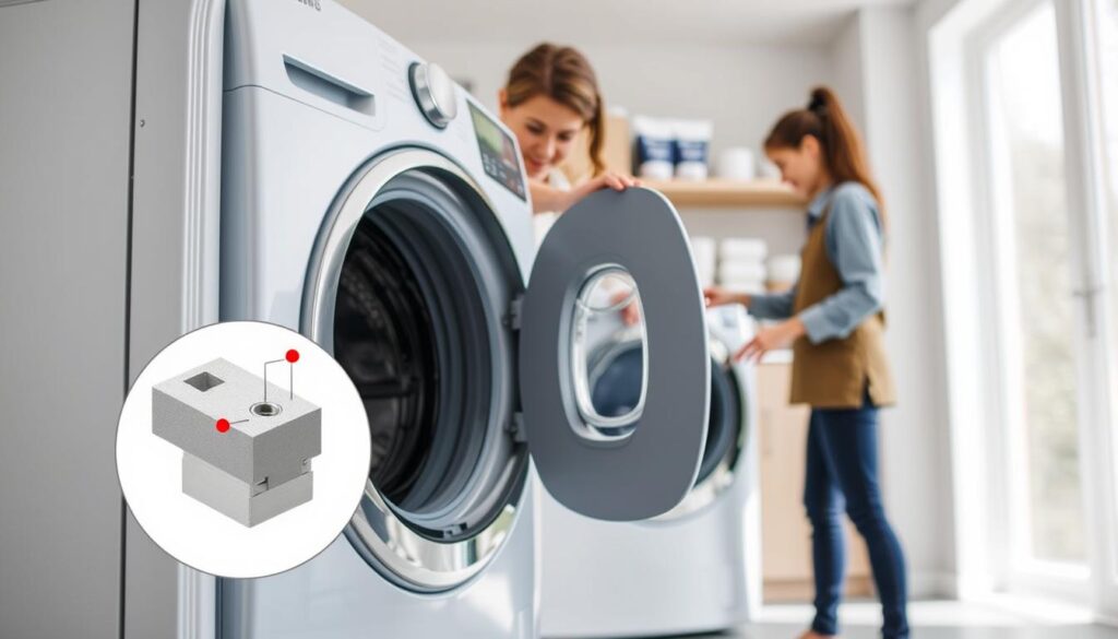 A step-by-step guide on how to install a Samsung washer and dryer connector. In the foreground, show a detail of a sturdy, sleek silver connector piece, with clear installation points highlighted. In the middle ground, depict a hands-on person in professional attire, carefully aligning the connector with the washer and dryer. The background should feature a modern laundry room with light-colored walls, ample natural lighting, and neatly organized laundry supplies on shelves. Use a slightly elevated angle to capture the intricacy of the installation process, while maintaining a focus on the connector. The atmosphere should be bright and encouraging, emphasizing a sense of accomplishment in DIY home projects. A step-by-step guide on how to install a Samsung washer and dryer connector. In the foreground, show a detail of a sturdy, sleek silver connector piece, with clear installation points highlighted. In the middle ground, depict a hands-on person in professional attire, carefully aligning the connector with the washer and dryer. The background should feature a modern laundry room with light-colored walls, ample natural lighting, and neatly organized laundry supplies on shelves. Use a slightly elevated angle to capture the intricacy of the installation process, while maintaining a focus on the connector. The atmosphere should be bright and encouraging, emphasizing a sense of accomplishment in DIY home projects.
