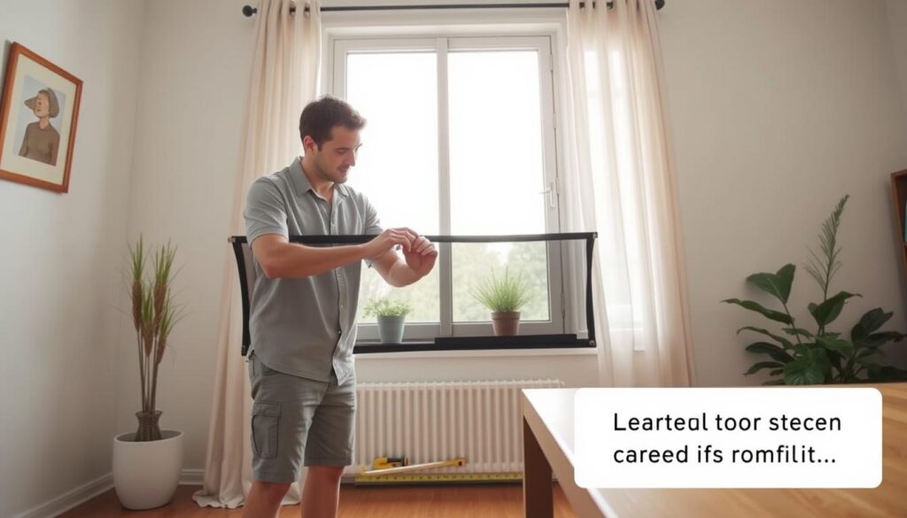 A step-by-step illustration of mounting a window screen, capturing a well-lit indoor setting. In the foreground, a person in modest casual clothing demonstrates the installation process, carefully aligning the screen with the window frame. Essential tools like a screwdriver and measuring tape are visible on a nearby table. In the middle ground, the partially open window allows soft daylight to filter in, illuminating the space. The background features simple home décor, such as plants and curtains, creating a warm and inviting atmosphere. The angle is slightly tilted to emphasize the action of installation, while ensuring clarity in the demonstration. The overall mood conveys a sense of practicality and hands-on learning, ideal for instructive purposes. A step-by-step illustration of mounting a window screen, capturing a well-lit indoor setting. In the foreground, a person in modest casual clothing demonstrates the installation process, carefully aligning the screen with the window frame. Essential tools like a screwdriver and measuring tape are visible on a nearby table. In the middle ground, the partially open window allows soft daylight to filter in, illuminating the space. The background features simple home décor, such as plants and curtains, creating a warm and inviting atmosphere. The angle is slightly tilted to emphasize the action of installation, while ensuring clarity in the demonstration. The overall mood conveys a sense of practicality and hands-on learning, ideal for instructive purposes.