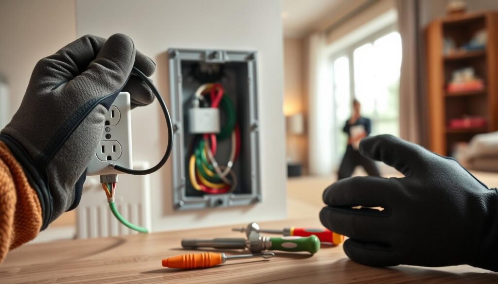 A step-by-step installation guide of an electrical outlet in a home setting. In the foreground, a close-up of hands wearing sturdy work gloves carefully connecting wires to an outlet, showcasing the different colored cables (black, white, and green). In the middle ground, an open electrical junction box with tools like a screwdriver and wire strippers neatly arranged around. The background features a well-lit room with soft, warm lighting, emphasizing a tidy workspace and a safety-first atmosphere. The image captures a sense of focus and professionalism, with the layout suggesting orderliness and safety, all without any text or distractions in the scene. A step-by-step installation guide of an electrical outlet in a home setting. In the foreground, a close-up of hands wearing sturdy work gloves carefully connecting wires to an outlet, showcasing the different colored cables (black, white, and green). In the middle ground, an open electrical junction box with tools like a screwdriver and wire strippers neatly arranged around. The background features a well-lit room with soft, warm lighting, emphasizing a tidy workspace and a safety-first atmosphere. The image captures a sense of focus and professionalism, with the layout suggesting orderliness and safety, all without any text or distractions in the scene.
