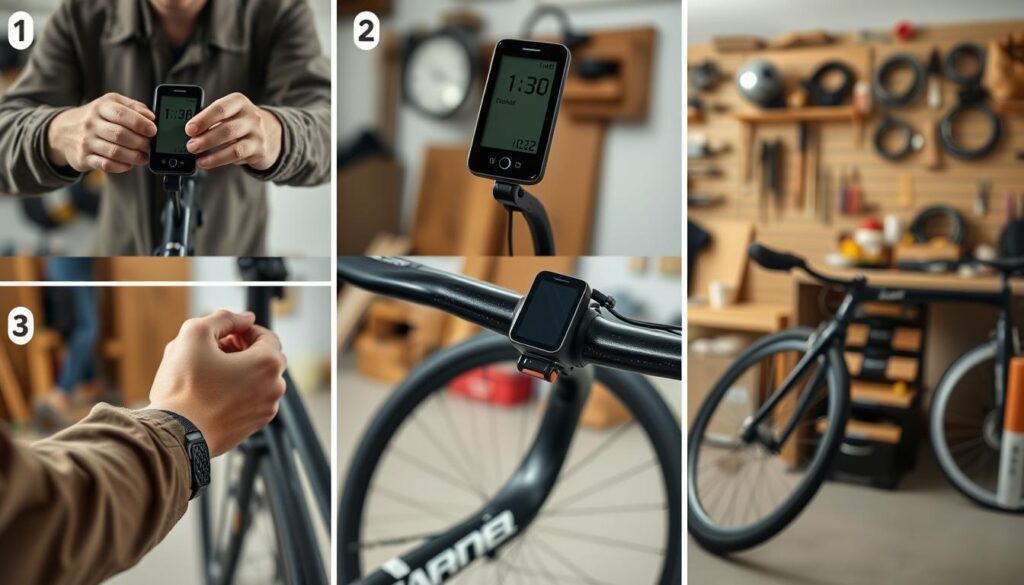A step-by-step montage of a wired bicycle computer installation on a mountain bike. In the foreground, focus on a close-up of a person's hands, wearing modest casual clothing, carefully attaching the display unit to the handlebars. The middle section depicts a bicycle lying on its side, showcasing the front wheel with a visible sensor mounted near the spokes. In the background, include a well-lit workshop filled with tools and bicycle parts, with soft, diffused lighting creating a warm and inviting atmosphere. A slightly elevated angle captures the entire installation process, emphasizing attention to detail and proper alignment. The overall scene conveys a sense of progression and clarity, suitable for instructional purposes. A step-by-step montage of a wired bicycle computer installation on a mountain bike. In the foreground, focus on a close-up of a person's hands, wearing modest casual clothing, carefully attaching the display unit to the handlebars. The middle section depicts a bicycle lying on its side, showcasing the front wheel with a visible sensor mounted near the spokes. In the background, include a well-lit workshop filled with tools and bicycle parts, with soft, diffused lighting creating a warm and inviting atmosphere. A slightly elevated angle captures the entire installation process, emphasizing attention to detail and proper alignment. The overall scene conveys a sense of progression and clarity, suitable for instructional purposes.