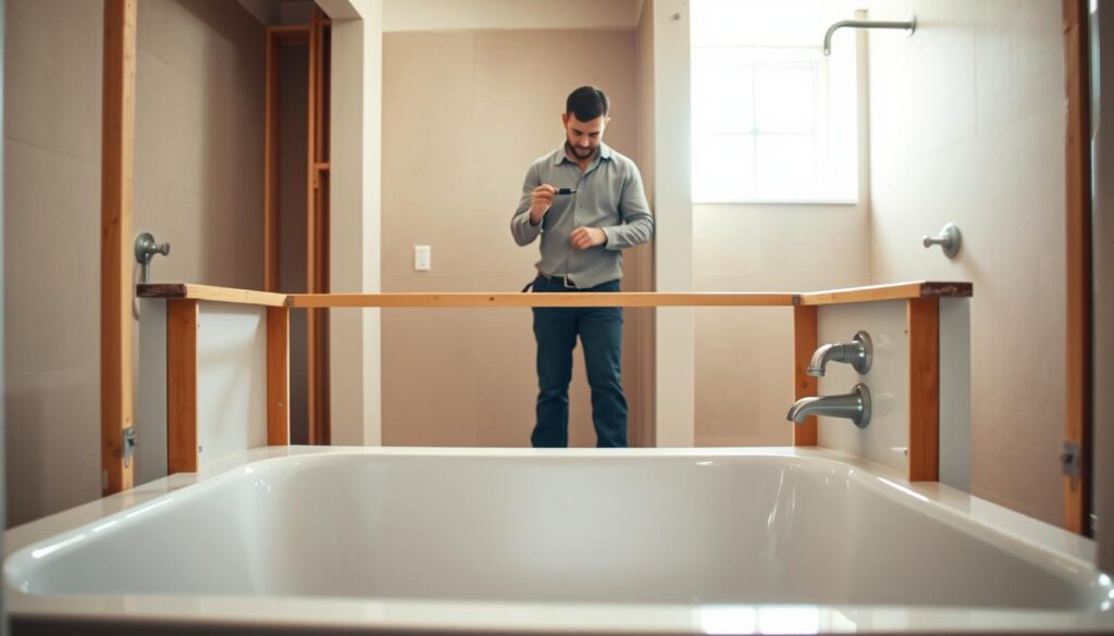 A step-by-step montage of installing a rectangular bathtub surround, showcasing the essential components and tools. In the foreground, a detailed view of the bathtub with its frame partially assembled, revealing plumbing and fastening mechanisms. In the middle ground, a professional contractor in modest casual clothing is working diligently, holding a screwdriver and checking measurements. The background features an unfinished bathroom setting with drywall and tiles, emphasizing the renovation atmosphere. Soft, natural lighting illuminates the scene, creating a warm yet focused atmosphere. The camera angle is slightly angled downwards to capture the action and detail of the installation process. Aim for a clear, instructional aesthetic that highlights the craftsmanship involved in the project. A step-by-step montage of installing a rectangular bathtub surround, showcasing the essential components and tools. In the foreground, a detailed view of the bathtub with its frame partially assembled, revealing plumbing and fastening mechanisms. In the middle ground, a professional contractor in modest casual clothing is working diligently, holding a screwdriver and checking measurements. The background features an unfinished bathroom setting with drywall and tiles, emphasizing the renovation atmosphere. Soft, natural lighting illuminates the scene, creating a warm yet focused atmosphere. The camera angle is slightly angled downwards to capture the action and detail of the installation process. Aim for a clear, instructional aesthetic that highlights the craftsmanship involved in the project.