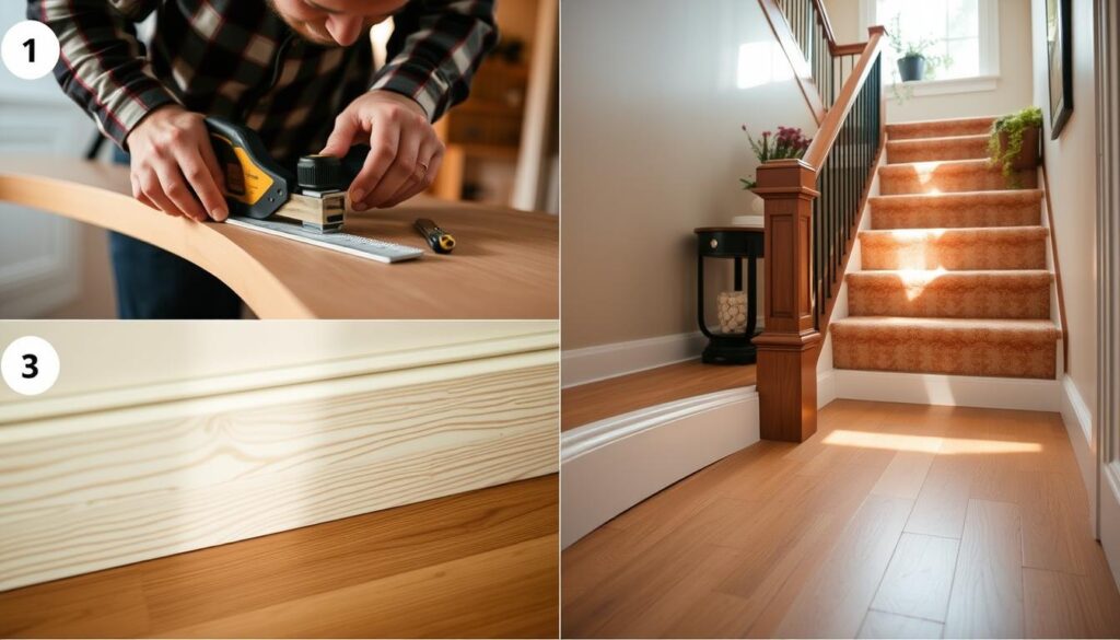 A step-by-step montage of installing stair skirting boards in a warm, inviting home setting. In the foreground, a close-up of a carpenter's hands expertly measuring and cutting wood with precision tools. The middle ground features a partially installed skirting board along a staircase, showcasing the intricate details of the wood grain. In the background, a beautifully decorated staircase with soft lighting highlights the cozy atmosphere. The image captures a professional ambiance, emphasizing craftsmanship and attention to detail, with natural light streaming in from a nearby window, casting gentle shadows. The scene is serene, evoking a sense of accomplishment and pride in home improvement.