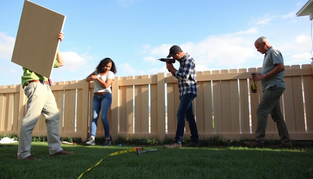 A step-by-step scene depicting the installation of a panel fence, showcasing a sunny outdoor setting. In the foreground, a diverse group of three people in modest casual clothing are actively assembling the fence. One person is holding a panel, while another uses a drill, and the third is measuring with a tape. The middle ground features a partially completed fence lined with green grass, tools scattered nearby, such as a level and a hammer. A clear blue sky with soft clouds is visible in the background, enhancing the tranquil atmosphere. The lighting is bright and natural, casting soft shadows, capturing a sense of productivity and teamwork in a home improvement project.