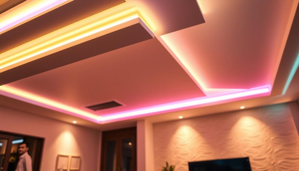 A stylish ceiling adorned with decorative LED lighting, showcasing various colorful LED strips in soft and vibrant hues. The foreground features a close-up of the glowing LED strips, emphasizing their modern design and intricate placement along the edges of the ceiling. In the middle ground, a well-furnished room is visible, softly illuminated by the ambient glow of the LED lights, creating a warm and inviting atmosphere. The background includes a minimalist wall with subtle textures to enhance depth, while warm, diffuse lighting gives a cozy feel to the space. Capture this scene from a slight upward angle to accentuate the ceiling's features and the effective use of lighting. The overall mood should be elegant, contemporary, and inspiring, highlighting the beauty of LED decorative lighting. A stylish ceiling adorned with decorative LED lighting, showcasing various colorful LED strips in soft and vibrant hues. The foreground features a close-up of the glowing LED strips, emphasizing their modern design and intricate placement along the edges of the ceiling. In the middle ground, a well-furnished room is visible, softly illuminated by the ambient glow of the LED lights, creating a warm and inviting atmosphere. The background includes a minimalist wall with subtle textures to enhance depth, while warm, diffuse lighting gives a cozy feel to the space. Capture this scene from a slight upward angle to accentuate the ceiling's features and the effective use of lighting. The overall mood should be elegant, contemporary, and inspiring, highlighting the beauty of LED decorative lighting.