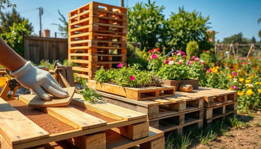A sunny garden scene featuring wooden pallets being prepared for gardening use. In the foreground, a pair of hands—wearing light gardening gloves—are sanding a pallet to smooth its surface, surrounded by gardening tools like a saw, hammer, and paintbrush. The middle layer showcases an array of treated wooden pallets stacked neatly, some with vibrant herbs and flowers beginning to grow in them. In the background, a lush garden filled with colorful flowers and green plants under a clear blue sky, creating a serene and productive atmosphere. Warm sunlight bathes the scene, enhancing the natural colors and casting soft shadows. The image conveys a sense of creativity and sustainability in gardening practices.