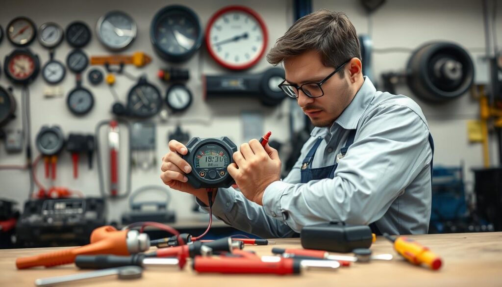 A technician in a professional outfit, carefully inspecting a digital hour meter in a well-lit workshop. The technician is focused, with an analytical expression, holding a multimeter in one hand while adjusting the meter with the other. Various tools, like wrenches and screwdrivers, are scattered on a workbench in the foreground. The background displays a wall featuring various machinery and gauges, adding depth to the scene. Soft, natural lighting illuminates the workspace, creating a conducive atmosphere for testing equipment. A slightly angled perspective captures both the technician and the hour meter clearly, emphasizing the precision and attention to detail in the testing process. The overall mood is one of professionalism and technical expertise. A technician in a professional outfit, carefully inspecting a digital hour meter in a well-lit workshop. The technician is focused, with an analytical expression, holding a multimeter in one hand while adjusting the meter with the other. Various tools, like wrenches and screwdrivers, are scattered on a workbench in the foreground. The background displays a wall featuring various machinery and gauges, adding depth to the scene. Soft, natural lighting illuminates the workspace, creating a conducive atmosphere for testing equipment. A slightly angled perspective captures both the technician and the hour meter clearly, emphasizing the precision and attention to detail in the testing process. The overall mood is one of professionalism and technical expertise.