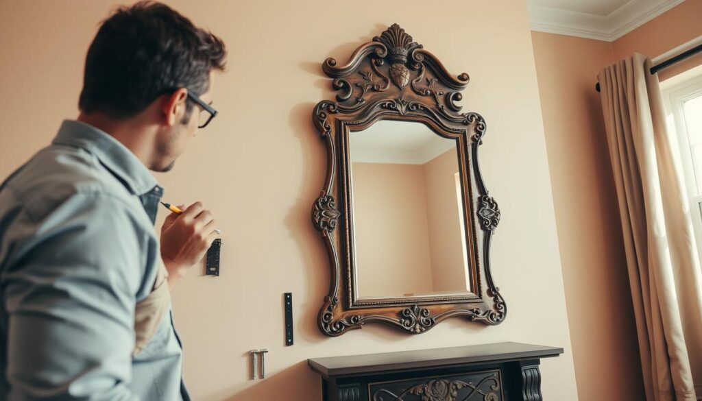A traditional method of attaching a mirror to a wall is depicted in this image. In the foreground, a professional-looking individual wearing modest casual clothing is carefully measuring and marking the wall with a pencil, ensuring accuracy. The middle section features a gorgeous, ornate mirror framed in classic wood, with brackets and screws laid out neatly beside it, emphasizing the traditional hardware used for installation. In the background, a well-lit room showcases a soothing color palette with warm tones, and sunlight streaming through a nearby window, casting soft shadows. The atmosphere is calm and focused, highlighting craftsmanship and attention to detail in the process of safely mounting a mirror. The angle captures both the individual’s concentration and the mirror’s beauty, fostering a sense of professionalism and care in home improvement. A traditional method of attaching a mirror to a wall is depicted in this image. In the foreground, a professional-looking individual wearing modest casual clothing is carefully measuring and marking the wall with a pencil, ensuring accuracy. The middle section features a gorgeous, ornate mirror framed in classic wood, with brackets and screws laid out neatly beside it, emphasizing the traditional hardware used for installation. In the background, a well-lit room showcases a soothing color palette with warm tones, and sunlight streaming through a nearby window, casting soft shadows. The atmosphere is calm and focused, highlighting craftsmanship and attention to detail in the process of safely mounting a mirror. The angle captures both the individual’s concentration and the mirror’s beauty, fostering a sense of professionalism and care in home improvement.