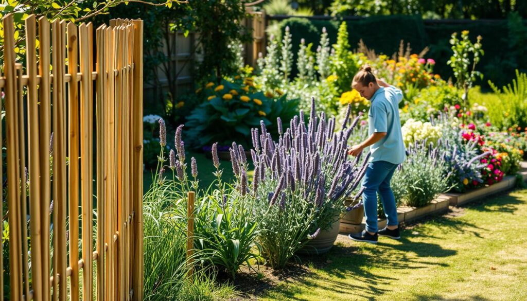 A tranquil garden scene showcasing effective methods for deterring martens, with a focus on humane and environmentally friendly solutions. In the foreground, depict a person in casual clothing, actively installing a garden fence made of natural materials, like wood or bamboo, ensuring it is visually harmonious with the surroundings. In the middle, illustrate various deterrent plants, such as strong-scented herbs like lavender and rosemary, strategically placed around garden beds. The background should feature a lush, vibrant garden with colorful flowers and greenery, under soft, natural sunlight that casts gentle shadows. The atmosphere is calm and peaceful, promoting a sense of harmony between nature and human intervention. Capture this scene from a slight angle to create depth and interest. A tranquil garden scene showcasing effective methods for deterring martens, with a focus on humane and environmentally friendly solutions. In the foreground, depict a person in casual clothing, actively installing a garden fence made of natural materials, like wood or bamboo, ensuring it is visually harmonious with the surroundings. In the middle, illustrate various deterrent plants, such as strong-scented herbs like lavender and rosemary, strategically placed around garden beds. The background should feature a lush, vibrant garden with colorful flowers and greenery, under soft, natural sunlight that casts gentle shadows. The atmosphere is calm and peaceful, promoting a sense of harmony between nature and human intervention. Capture this scene from a slight angle to create depth and interest.