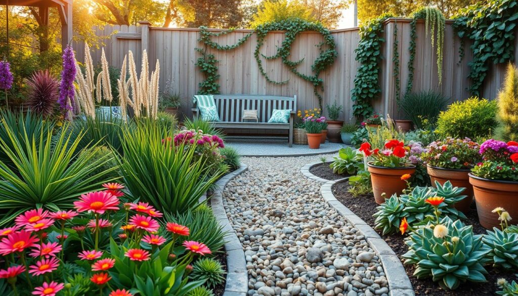 A vibrant and lush garden scene featuring a variety of budget-friendly plants, such as succulents, ornamental grasses, and colorful annuals, arranged harmoniously in an attractive layout. In the foreground, showcase a well-tended flowerbed with bright blooms, intermingled with small decorative stones. The middle ground reveals a small gravel path leading to a cozy seating area adorned with affordable garden furniture, surrounded by pots of blooming herbs and vegetables. The background features a wooden fence with climbing vines, gently illuminated by warm golden hour sunlight filtering through the leaves. Create a serene, inviting atmosphere that embodies the joy of gardening on a budget, with soft shadows and a clear blue sky overhead. A vibrant and lush garden scene featuring a variety of budget-friendly plants, such as succulents, ornamental grasses, and colorful annuals, arranged harmoniously in an attractive layout. In the foreground, showcase a well-tended flowerbed with bright blooms, intermingled with small decorative stones. The middle ground reveals a small gravel path leading to a cozy seating area adorned with affordable garden furniture, surrounded by pots of blooming herbs and vegetables. The background features a wooden fence with climbing vines, gently illuminated by warm golden hour sunlight filtering through the leaves. Create a serene, inviting atmosphere that embodies the joy of gardening on a budget, with soft shadows and a clear blue sky overhead.