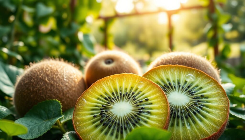 A vibrant, close-up depiction of a fresh kiwi fruit cut in half, showcasing its bright green flesh and tiny black seeds. Place the sliced kiwi prominently in the foreground, with droplets of water glistening on its surface to emphasize freshness. In the middle ground, include whole kiwis with their fuzzy brown skin, surrounded by lush green leaves to represent its natural environment. In the background, softly blurred natural garden elements like a trellis, vines, and sunlight filtering through trees to create a warm, inviting atmosphere. Use soft, natural lighting to enhance the freshness of the fruit, and capture the image from a slightly elevated angle to provide depth. The overall mood should feel healthy and refreshing, conveying the rich health benefits of this superfruit. A vibrant, close-up depiction of a fresh kiwi fruit cut in half, showcasing its bright green flesh and tiny black seeds. Place the sliced kiwi prominently in the foreground, with droplets of water glistening on its surface to emphasize freshness. In the middle ground, include whole kiwis with their fuzzy brown skin, surrounded by lush green leaves to represent its natural environment. In the background, softly blurred natural garden elements like a trellis, vines, and sunlight filtering through trees to create a warm, inviting atmosphere. Use soft, natural lighting to enhance the freshness of the fruit, and capture the image from a slightly elevated angle to provide depth. The overall mood should feel healthy and refreshing, conveying the rich health benefits of this superfruit.