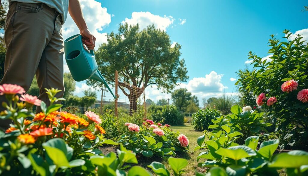 A vibrant garden scene capturing the use of Polifoska fertilizer. In the foreground, a gardener, dressed in modest casual clothing, is shown applying Polifoska around blooming plants with a watering can. The middle ground features a variety of lush plants, including flowering shrubs and leafy vegetables, all appearing healthy and thriving. The background reveals a bright blue sky with fluffy white clouds, and a few trees providing shade. Soft sunlight filters through the leaves, creating a warm and inviting atmosphere. Use a wide-angle lens to encompass the entire garden, highlighting the balance between plants and the gardener's actions. The overall mood is one of growth, care, and the joy of gardening. A vibrant garden scene capturing the use of Polifoska fertilizer. In the foreground, a gardener, dressed in modest casual clothing, is shown applying Polifoska around blooming plants with a watering can. The middle ground features a variety of lush plants, including flowering shrubs and leafy vegetables, all appearing healthy and thriving. The background reveals a bright blue sky with fluffy white clouds, and a few trees providing shade. Soft sunlight filters through the leaves, creating a warm and inviting atmosphere. Use a wide-angle lens to encompass the entire garden, highlighting the balance between plants and the gardener's actions. The overall mood is one of growth, care, and the joy of gardening.