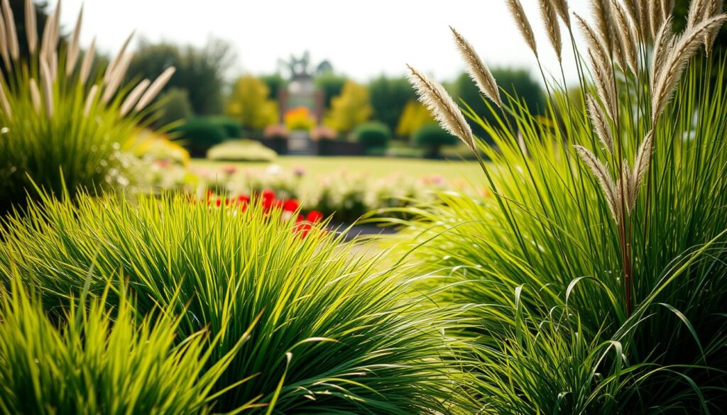 A vibrant garden scene displaying various types of ornamental grasses suitable for landscaping. In the foreground, lush, green tufts of different grass varieties, such as blue fescue, reed grass, and Japanese forest grass, showcase their distinct textures and hues. The middle ground features a well-maintained garden with a mix of flowering perennials and shrubs, elegantly framing the grass varieties. In the background, a soft-focus view of a sunny sky enhances the atmosphere, creating a serene and inviting mood. The lighting is warm and natural, casting gentle shadows that highlight the grass textures. The composition should feel harmonious and fresh, emphasizing the beauty of garden grasses. Aim for a realistic, detailed representation with a shallow depth of field to create an intimate feel.