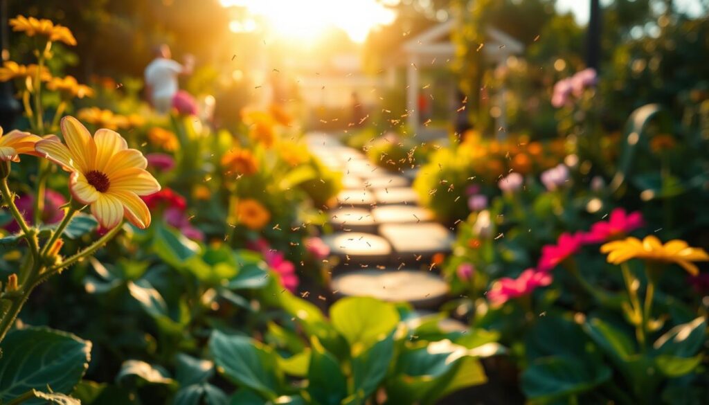 A vibrant garden scene focusing on the issue of pesky gnats. In the foreground, a close-up view of small, swarming gnats hovering around colorful flowers, with delicate petals bending slightly under their presence. The middle ground showcases a lush array of leafy plants and vegetables, highlighting the contrast between the garden's beauty and the nuisance of the insects. In the background, a soft-focus view of an inviting garden pathway under warm, golden sunlight, casting gentle shadows and creating a serene atmosphere. The image should evoke a sense of both annoyance and beauty, capturing the challenge of managing pests in a flourishing garden. Ideally, the lighting should be soft and diffused, reminiscent of a late afternoon, inviting viewers to feel the mood of a peaceful yet problematic outdoor space. A vibrant garden scene focusing on the issue of pesky gnats. In the foreground, a close-up view of small, swarming gnats hovering around colorful flowers, with delicate petals bending slightly under their presence. The middle ground showcases a lush array of leafy plants and vegetables, highlighting the contrast between the garden's beauty and the nuisance of the insects. In the background, a soft-focus view of an inviting garden pathway under warm, golden sunlight, casting gentle shadows and creating a serene atmosphere. The image should evoke a sense of both annoyance and beauty, capturing the challenge of managing pests in a flourishing garden. Ideally, the lighting should be soft and diffused, reminiscent of a late afternoon, inviting viewers to feel the mood of a peaceful yet problematic outdoor space.
