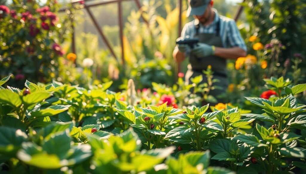 A vibrant garden scene illustrating various plant protection methods against pests. In the foreground, a close-up view of healthy green plants surrounded by organic pest deterrents, like neem oil sprays and colorful, beneficial insects such as ladybugs. In the middle, a gardener in professional attire applies a natural pesticide, focusing on their task with care. The background features a sunlit garden filled with diverse flora, creating a harmonious and thriving ecosystem. Soft, warm lighting casts gentle shadows, enhancing the serene atmosphere. The composition captures a blend of nature and technology, promoting sustainability and environmental responsibility in pest management. A vibrant garden scene illustrating various plant protection methods against pests. In the foreground, a close-up view of healthy green plants surrounded by organic pest deterrents, like neem oil sprays and colorful, beneficial insects such as ladybugs. In the middle, a gardener in professional attire applies a natural pesticide, focusing on their task with care. The background features a sunlit garden filled with diverse flora, creating a harmonious and thriving ecosystem. Soft, warm lighting casts gentle shadows, enhancing the serene atmosphere. The composition captures a blend of nature and technology, promoting sustainability and environmental responsibility in pest management.