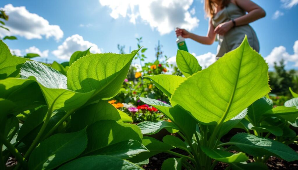A vibrant, healthy garden scene showcasing a variety of plants protected against pesky gnats. In the foreground, large, lush green leaves glisten with morning dew, where a gardener in modest casual clothing carefully applies a natural insect repellent. In the middle ground, colorful flowers bloom around a small vegetable patch, illustrating an eco-friendly garden. The background features a bright blue sky with fluffy white clouds, emphasizing a peaceful atmosphere. Soft sunlight filters through the leaves, casting gentle shadows on the ground. The image is captured with a close-up lens to highlight the intricate details of the plants and the careful actions of the gardener, creating an inviting and reassuring mood about plant protection strategies. A vibrant, healthy garden scene showcasing a variety of plants protected against pesky gnats. In the foreground, large, lush green leaves glisten with morning dew, where a gardener in modest casual clothing carefully applies a natural insect repellent. In the middle ground, colorful flowers bloom around a small vegetable patch, illustrating an eco-friendly garden. The background features a bright blue sky with fluffy white clouds, emphasizing a peaceful atmosphere. Soft sunlight filters through the leaves, casting gentle shadows on the ground. The image is captured with a close-up lens to highlight the intricate details of the plants and the careful actions of the gardener, creating an inviting and reassuring mood about plant protection strategies.