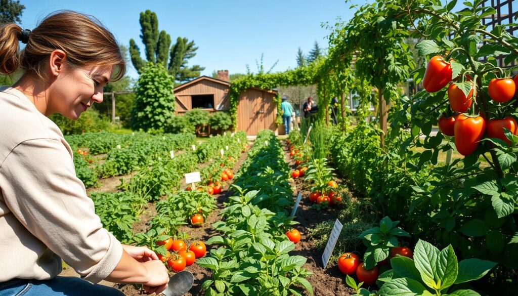 A vibrant vegetable garden in full bloom, showcasing various healthy vegetables such as tomatoes, peppers, and lettuce interspersed with herbs. In the foreground, a gardener in modest casual clothing is gently tending to the plants, examining the soil and using a small hand trowel. The middle ground features neatly organized rows of vegetables, with labels indicating the type of plants, emphasizing good management practices. In the background, a rustic wooden shed and a trellis covered with climbing plants create a harmonious and inviting atmosphere. Soft sunlight filters through the leaves, casting gentle shadows, while a clear blue sky enhances the peaceful, productive mood of this ideal garden management scenario. A vibrant vegetable garden in full bloom, showcasing various healthy vegetables such as tomatoes, peppers, and lettuce interspersed with herbs. In the foreground, a gardener in modest casual clothing is gently tending to the plants, examining the soil and using a small hand trowel. The middle ground features neatly organized rows of vegetables, with labels indicating the type of plants, emphasizing good management practices. In the background, a rustic wooden shed and a trellis covered with climbing plants create a harmonious and inviting atmosphere. Soft sunlight filters through the leaves, casting gentle shadows, while a clear blue sky enhances the peaceful, productive mood of this ideal garden management scenario.