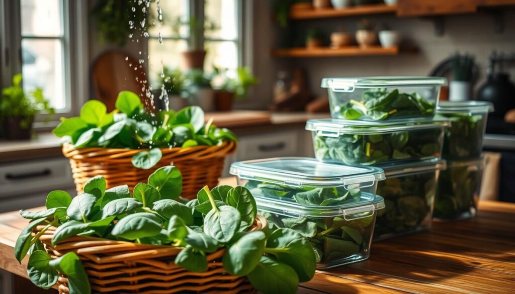 A visually appealing kitchen scene focused on fresh spinach preparation, emphasizing storage methods before freezing. In the foreground, a rustic wooden countertop displays a basket overflowing with vibrant green spinach leaves, some being rinsed under cool water. In the middle, a set of glass containers with airtight lids are showcased, ready for the spinach to be placed inside, while a small cutting board and knife hint at prepping. The background features soft, natural light filtering through a window, illuminating an organized kitchen with potted herbs and wooden shelves. The overall mood is fresh and inviting, conveying a sense of careful preparation and appreciation for garden-fresh produce. The scene should be warm and inviting, with gentle shadows to enhance depth, focusing on the beauty and care in food storage. A visually appealing kitchen scene focused on fresh spinach preparation, emphasizing storage methods before freezing. In the foreground, a rustic wooden countertop displays a basket overflowing with vibrant green spinach leaves, some being rinsed under cool water. In the middle, a set of glass containers with airtight lids are showcased, ready for the spinach to be placed inside, while a small cutting board and knife hint at prepping. The background features soft, natural light filtering through a window, illuminating an organized kitchen with potted herbs and wooden shelves. The overall mood is fresh and inviting, conveying a sense of careful preparation and appreciation for garden-fresh produce. The scene should be warm and inviting, with gentle shadows to enhance depth, focusing on the beauty and care in food storage.