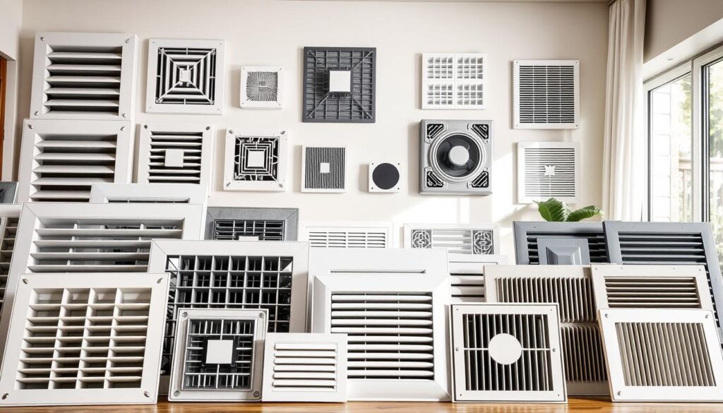 A well-arranged display of various types of ventilation grilles, focusing on differences in design, size, and functionality. In the foreground, showcase a selection of grilles with close-up details, such as adjustable louvers, decorative patterns, and materials like plastic and metal. In the middle, include several grilles mounted on a modern wall, showing their integration into home interiors. The background should feature a softly lit living room setting, portraying a cozy and welcoming atmosphere. Use natural light streaming in from a window to create gentle shadows and highlights, enhancing the textures of the grilles. The composition should feel informative and visually appealing, reflecting a professional yet approachable mood. A well-arranged display of various types of ventilation grilles, focusing on differences in design, size, and functionality. In the foreground, showcase a selection of grilles with close-up details, such as adjustable louvers, decorative patterns, and materials like plastic and metal. In the middle, include several grilles mounted on a modern wall, showing their integration into home interiors. The background should feature a softly lit living room setting, portraying a cozy and welcoming atmosphere. Use natural light streaming in from a window to create gentle shadows and highlights, enhancing the textures of the grilles. The composition should feel informative and visually appealing, reflecting a professional yet approachable mood.