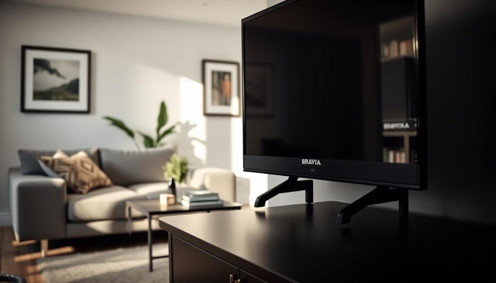 A well-designed living room featuring a securely mounted Sony Bravia television on a modern entertainment unit. The foreground showcases a stylish, organized setup with the television prominently displayed, equipped with appropriately installed legs for stability. In the middle, there’s a cozy sofa with decorative cushions, and a minimalist coffee table adorned with a few books and a plant, creating a homely atmosphere. Soft, natural lighting floods the room from a nearby window, casting gentle shadows that enhance the sense of security and comfort. In the background, tasteful wall art complements the decor, emphasizing a contemporary aesthetic. The mood is calm and inviting, illustrating the importance of safe TV placement in any home environment. A well-designed living room featuring a securely mounted Sony Bravia television on a modern entertainment unit. The foreground showcases a stylish, organized setup with the television prominently displayed, equipped with appropriately installed legs for stability. In the middle, there’s a cozy sofa with decorative cushions, and a minimalist coffee table adorned with a few books and a plant, creating a homely atmosphere. Soft, natural lighting floods the room from a nearby window, casting gentle shadows that enhance the sense of security and comfort. In the background, tasteful wall art complements the decor, emphasizing a contemporary aesthetic. The mood is calm and inviting, illustrating the importance of safe TV placement in any home environment.