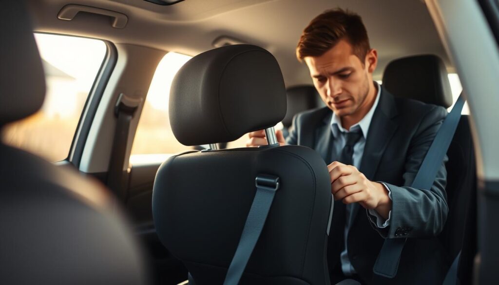 A well-lit interior of a modern car, focusing on the back seat where a child safety seat is securely installed. In the foreground, showcase the safety seat with clear visual indicators placed on harness straps to emphasize tightness and proper positioning. The middle ground features a concerned parent in smart casual attire, meticulously adjusting the seat and checking the safety features with an attentive expression. The background offers a blurred view of the car’s interior, highlighting its family-friendly design. Soft, natural lighting filters in through the windows, creating a warm and reassuring atmosphere. The angle should be slightly above eye level, capturing the action from a parent’s perspective while ensuring the safety seat's secure installation is the focal point. A well-lit interior of a modern car, focusing on the back seat where a child safety seat is securely installed. In the foreground, showcase the safety seat with clear visual indicators placed on harness straps to emphasize tightness and proper positioning. The middle ground features a concerned parent in smart casual attire, meticulously adjusting the seat and checking the safety features with an attentive expression. The background offers a blurred view of the car’s interior, highlighting its family-friendly design. Soft, natural lighting filters in through the windows, creating a warm and reassuring atmosphere. The angle should be slightly above eye level, capturing the action from a parent’s perspective while ensuring the safety seat's secure installation is the focal point.