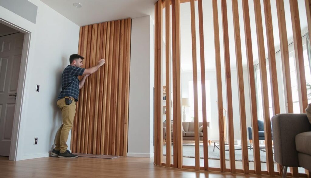A well-lit interior scene showcasing the installation of vertical slats (lamele) from floor to ceiling in a modern living space. In the foreground, a professional worker in modest casual clothing carefully measures and aligns the slats against a clean wall. In the middle ground, the slats are visible, with some already mounted, highlighting the texture and color contrast of the wood against the neutral wall. The background includes a partially decorated room with natural light streaming through a window, casting soft shadows that enhance the atmosphere of a productive home improvement project. The camera angle is slightly low, emphasizing the height of the slats and creating an inspiring mood for DIY enthusiasts. A well-lit interior scene showcasing the installation of vertical slats (lamele) from floor to ceiling in a modern living space. In the foreground, a professional worker in modest casual clothing carefully measures and aligns the slats against a clean wall. In the middle ground, the slats are visible, with some already mounted, highlighting the texture and color contrast of the wood against the neutral wall. The background includes a partially decorated room with natural light streaming through a window, casting soft shadows that enhance the atmosphere of a productive home improvement project. The camera angle is slightly low, emphasizing the height of the slats and creating an inspiring mood for DIY enthusiasts.
