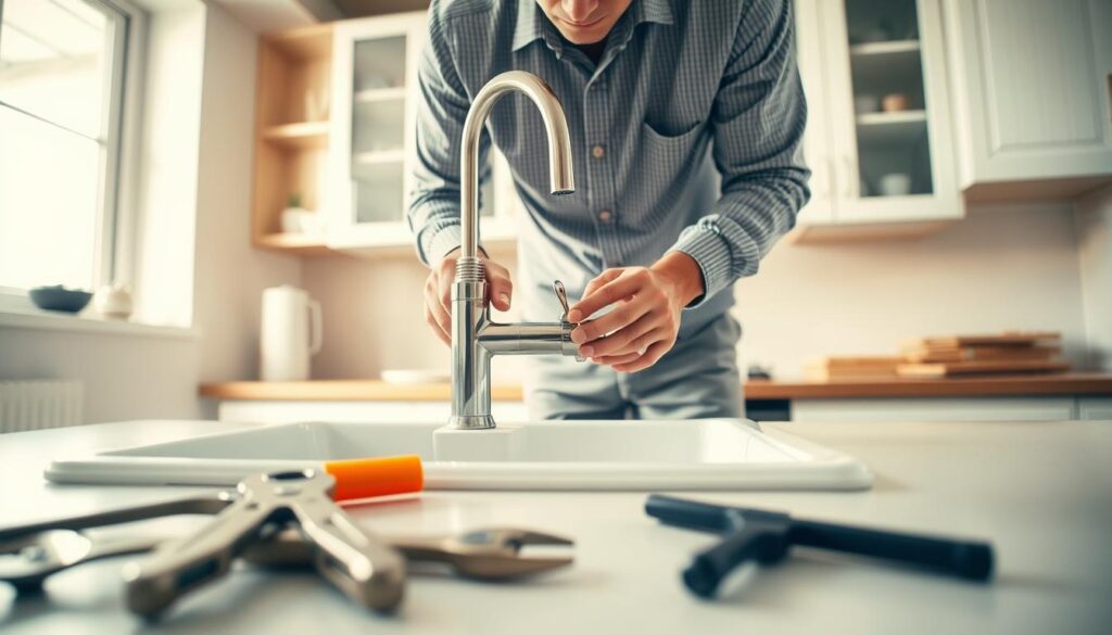 A well-lit kitchen scene focusing on a person installing a faucet under a sink. The foreground features tools like a wrench and pliers neatly organized on a countertop. In the middle, the individual, wearing a modest casual shirt and pants, is carefully aligning the faucet against the sink, showcasing a step-by-step process of installation. The background shows kitchen cabinets and a window allowing natural light to illuminate the space, creating a warm and inviting atmosphere. The angle is slightly overhead, providing an effective view of both the person and the work area. The mood is constructive and focused, emphasizing the DIY aspect of home improvement. A well-lit kitchen scene focusing on a person installing a faucet under a sink. The foreground features tools like a wrench and pliers neatly organized on a countertop. In the middle, the individual, wearing a modest casual shirt and pants, is carefully aligning the faucet against the sink, showcasing a step-by-step process of installation. The background shows kitchen cabinets and a window allowing natural light to illuminate the space, creating a warm and inviting atmosphere. The angle is slightly overhead, providing an effective view of both the person and the work area. The mood is constructive and focused, emphasizing the DIY aspect of home improvement.