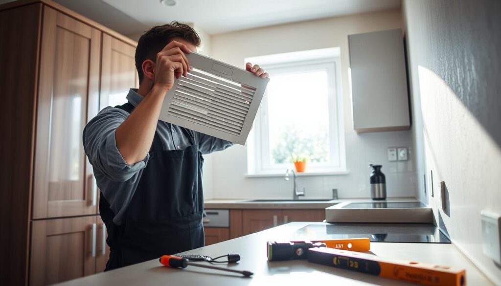 A well-lit kitchen scene showcasing the installation of a ventilation grille. In the foreground, a person in professional attire carefully holds a ventilation grille, aligning it with the wall, illustrating the installation process. The middle ground features tools such as a screwdriver and level, creating a sense of ongoing work. The background displays a stylish, modern kitchen with cabinets and a countertop, enhancing the domestic atmosphere. Natural light streams through a window, casting soft shadows and creating a warm, inviting mood. The angle is slightly above eye-level, providing a clear view of both the person and the grille being installed, focusing on the technical aspect without distractions. A well-lit kitchen scene showcasing the installation of a ventilation grille. In the foreground, a person in professional attire carefully holds a ventilation grille, aligning it with the wall, illustrating the installation process. The middle ground features tools such as a screwdriver and level, creating a sense of ongoing work. The background displays a stylish, modern kitchen with cabinets and a countertop, enhancing the domestic atmosphere. Natural light streams through a window, casting soft shadows and creating a warm, inviting mood. The angle is slightly above eye-level, providing a clear view of both the person and the grille being installed, focusing on the technical aspect without distractions.
