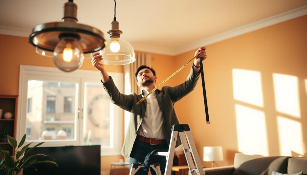 A well-lit room featuring a person in professional attire carefully measuring the height for hanging a modern ceiling lamp. The foreground shows a stylish pendant lamp design, with details like a glass shade and metallic finish. In the middle ground, the individual stands on a step ladder, holding a measuring tape, looking focused and precise. Soft natural light filters through a nearby window, casting gentle shadows across the room. The background includes warm-colored walls and minimalistic decor, creating a cozy yet professional atmosphere. The scene conveys a sense of preparation and attention to detail, suitable for a home improvement setting, emphasizing the importance of positioning the ceiling lamp correctly. A well-lit room featuring a person in professional attire carefully measuring the height for hanging a modern ceiling lamp. The foreground shows a stylish pendant lamp design, with details like a glass shade and metallic finish. In the middle ground, the individual stands on a step ladder, holding a measuring tape, looking focused and precise. Soft natural light filters through a nearby window, casting gentle shadows across the room. The background includes warm-colored walls and minimalistic decor, creating a cozy yet professional atmosphere. The scene conveys a sense of preparation and attention to detail, suitable for a home improvement setting, emphasizing the importance of positioning the ceiling lamp correctly.