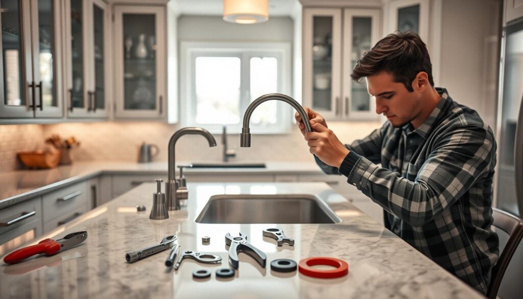 A well-lit scene depicting a step-by-step guide to replacing a kitchen faucet. In the foreground, a professional-looking individual in a modest casual outfit is focused on removing an old faucet, using a wrench with precision. In the middle, a gleaming, modern kitchen counter showcases various tools, including pliers, a basin wrench, and rubber gaskets neatly arranged. The background features elegantly designed cabinets and a vibrant window letting in natural light, enhancing the inviting atmosphere. The image should be shot from a slightly elevated angle to capture both the countertop and the individual’s actions, creating an engaging and informative visual. The overall mood is instructional and approachable, perfect for a DIY home improvement context. A well-lit scene depicting a step-by-step guide to replacing a kitchen faucet. In the foreground, a professional-looking individual in a modest casual outfit is focused on removing an old faucet, using a wrench with precision. In the middle, a gleaming, modern kitchen counter showcases various tools, including pliers, a basin wrench, and rubber gaskets neatly arranged. The background features elegantly designed cabinets and a vibrant window letting in natural light, enhancing the inviting atmosphere. The image should be shot from a slightly elevated angle to capture both the countertop and the individual’s actions, creating an engaging and informative visual. The overall mood is instructional and approachable, perfect for a DIY home improvement context.