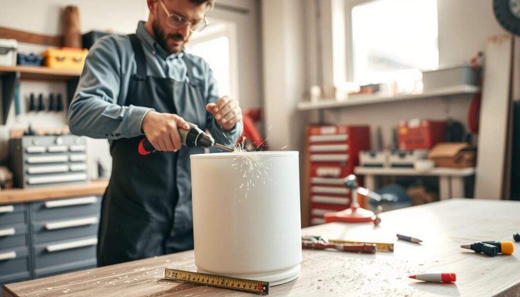 A well-lit workshop scene featuring a sturdy, white plastic barrel on a workbench. In the foreground, a skilled tradesperson, wearing a safety apron and protective goggles, is drilling a precise hole into the barrel using an electric drill. The focus is on the drill's metal tip making contact with the barrel's surface, with splinters of plastic flying away. In the middle ground, various tools are neatly arranged, including a measuring tape and a marker, suggesting preparation for installation. The background shows shelves filled with toolboxes and accessories, emphasizing a professional workspace atmosphere. Soft, natural light streams in from a nearby window, casting a warm glow across the scene. The mood is industrious and focused, capturing the essence of practical craftsmanship. A well-lit workshop scene featuring a sturdy, white plastic barrel on a workbench. In the foreground, a skilled tradesperson, wearing a safety apron and protective goggles, is drilling a precise hole into the barrel using an electric drill. The focus is on the drill's metal tip making contact with the barrel's surface, with splinters of plastic flying away. In the middle ground, various tools are neatly arranged, including a measuring tape and a marker, suggesting preparation for installation. The background shows shelves filled with toolboxes and accessories, emphasizing a professional workspace atmosphere. Soft, natural light streams in from a nearby window, casting a warm glow across the scene. The mood is industrious and focused, capturing the essence of practical craftsmanship.