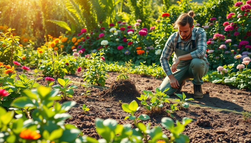 A well-maintained garden in the foreground, showcasing healthy plants and flowers. In the middle, a gardener kneels, examining soil, with a focused expression, wearing professional gardening attire. Nearby, a small pile of compost and natural remedies like neem oil and diatomaceous earth can be seen, symbolizing natural pest control methods. In the background, a vibrant, sunlit garden filled with a variety of colorful blooms and greenery conveys a sense of tranquility and life. The lighting is warm and inviting, with soft sunlight filtering through the leaves, creating dappled shadows. The overall atmosphere evokes a sense of hope and determination in the fight against garden pests, specifically grubs. A well-maintained garden in the foreground, showcasing healthy plants and flowers. In the middle, a gardener kneels, examining soil, with a focused expression, wearing professional gardening attire. Nearby, a small pile of compost and natural remedies like neem oil and diatomaceous earth can be seen, symbolizing natural pest control methods. In the background, a vibrant, sunlit garden filled with a variety of colorful blooms and greenery conveys a sense of tranquility and life. The lighting is warm and inviting, with soft sunlight filtering through the leaves, creating dappled shadows. The overall atmosphere evokes a sense of hope and determination in the fight against garden pests, specifically grubs.