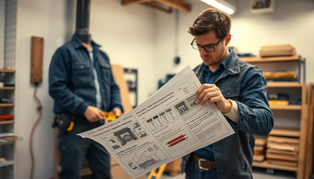 A well-organized workshop setting featuring a professional technician inspecting fireplace installation guidelines. In the foreground, a detailed instruction sheet with visual references of building codes and safety standards is visible. In the middle, the technician, dressed in smart casual attire, is measuring a fireplace setup, with tools like a level and tape measure nearby. The background showcases a clean, well-lit environment with shelves containing tools and materials, emphasizing a safe and regulated workspace. Soft, ambient lighting casts a warm glow, creating a supportive atmosphere for the task at hand. The image captures a focus on meticulous workmanship, embodying the importance of adhering to installation regulations. A well-organized workshop setting featuring a professional technician inspecting fireplace installation guidelines. In the foreground, a detailed instruction sheet with visual references of building codes and safety standards is visible. In the middle, the technician, dressed in smart casual attire, is measuring a fireplace setup, with tools like a level and tape measure nearby. The background showcases a clean, well-lit environment with shelves containing tools and materials, emphasizing a safe and regulated workspace. Soft, ambient lighting casts a warm glow, creating a supportive atmosphere for the task at hand. The image captures a focus on meticulous workmanship, embodying the importance of adhering to installation regulations.