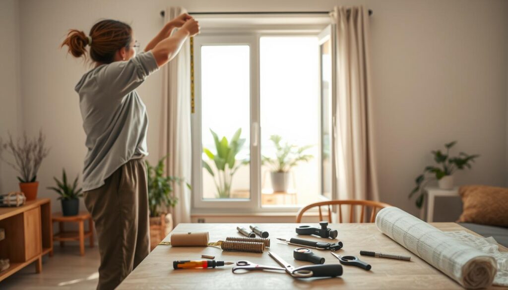 A well-organized workspace preparing for the installation of a window mosquito net. In the foreground, a person wearing modest casual clothing is carefully measuring a window frame with a tape measure. On a nearby table, various tools such as a screwdriver, scissors, and a roll of mosquito netting are neatly arranged. In the middle ground, the window frame is open, allowing natural light to flood the space, casting soft shadows. Behind, an indoor environment includes decorative plants and homey furnishings lending a warm atmosphere. The scene is bright and airy, suggesting a calm, focused mood, with clear attention to detail on the preparation process. A well-organized workspace preparing for the installation of a window mosquito net. In the foreground, a person wearing modest casual clothing is carefully measuring a window frame with a tape measure. On a nearby table, various tools such as a screwdriver, scissors, and a roll of mosquito netting are neatly arranged. In the middle ground, the window frame is open, allowing natural light to flood the space, casting soft shadows. Behind, an indoor environment includes decorative plants and homey furnishings lending a warm atmosphere. The scene is bright and airy, suggesting a calm, focused mood, with clear attention to detail on the preparation process.