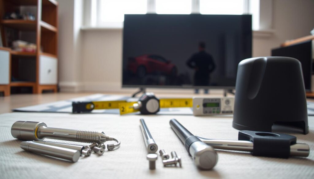 A well-organized workspace showcases an array of tools and parts needed for assembling Sony Bravia TV legs. In the foreground, a close-up of a stainless steel screwdriver set, an Allen wrench, and small screws are neatly arranged on a light-colored fabric mat. The middle ground features a sleek Sony Bravia TV with its legs set aside, while a tape measure and level tool are placed nearby, indicating precision in installation. The background reveals an uncluttered, well-lit room with soft, diffuse natural light coming through a window, creating a calm atmosphere. The scene conveys readiness and focus, perfect for conveying the importance of tool preparation before starting the assembly process. Capture the image with a realistic perspective and a slight depth of field to emphasize the tools. A well-organized workspace showcases an array of tools and parts needed for assembling Sony Bravia TV legs. In the foreground, a close-up of a stainless steel screwdriver set, an Allen wrench, and small screws are neatly arranged on a light-colored fabric mat. The middle ground features a sleek Sony Bravia TV with its legs set aside, while a tape measure and level tool are placed nearby, indicating precision in installation. The background reveals an uncluttered, well-lit room with soft, diffuse natural light coming through a window, creating a calm atmosphere. The scene conveys readiness and focus, perfect for conveying the importance of tool preparation before starting the assembly process. Capture the image with a realistic perspective and a slight depth of field to emphasize the tools.